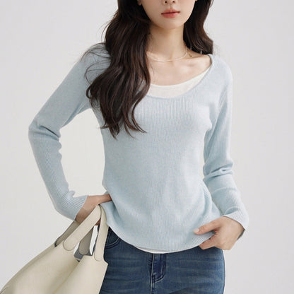 Women's Fake Two-piece Wool Sweater Top Slim Fit