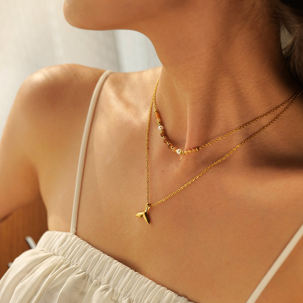 18k Gold Noble and Elegant Double Layer Matching Fishtail Design Simple Pendant Necklace