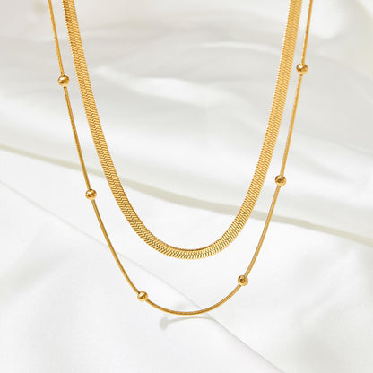 18K Gold Light Luxury Fashion Blade Chain with Golden Bean Snake Bone Chain Double-layer Design Simple Style Necklace