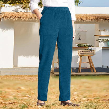 Pantalon décontracté droit rayé à taille élastique de couleur pure pour femme