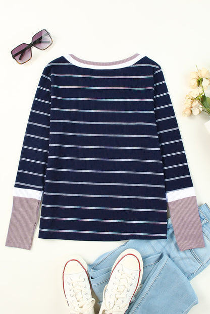 Dark Blue Striped Spliced Color Block Rib Knit Top