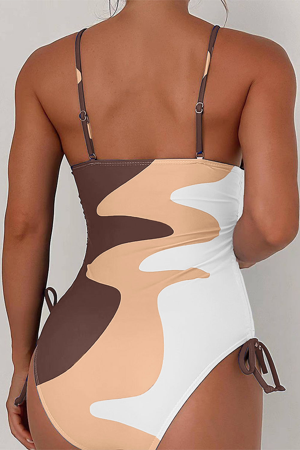 Khaki Color Block Drawstring Sides One Piece Swimsuit