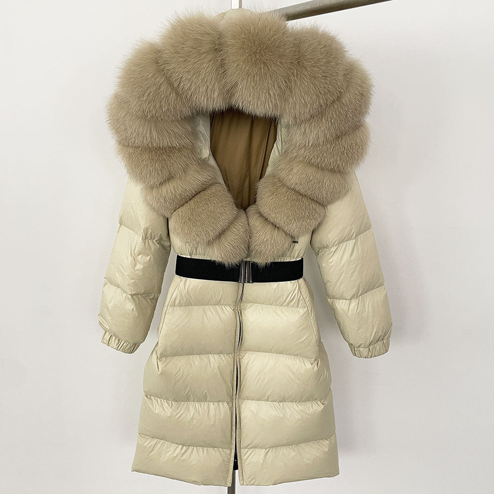 Manteau long à capuche et col en fourrure de renard véritable pour femme