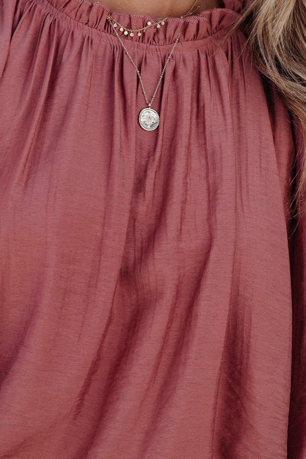 Red Frilled Neck Ruffled Long Sleeve Blouse