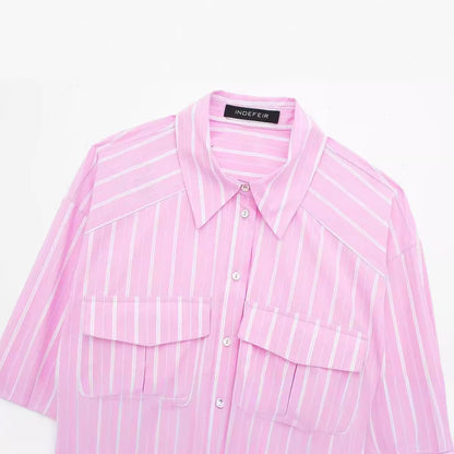 European And American Style Fashionable All-match Striped Short Style Long-sleeved Shirt