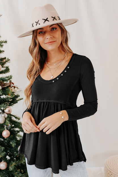 Black Solid Color Buttons Long Sleeve Babydoll Blouse