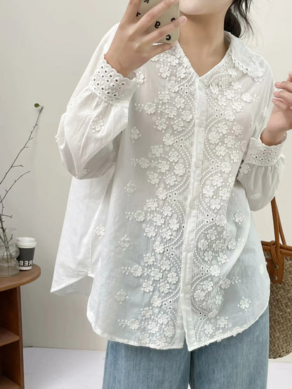 Chemise à manches longues à revers brodé de fleurs tridimensionnelles pour femmes