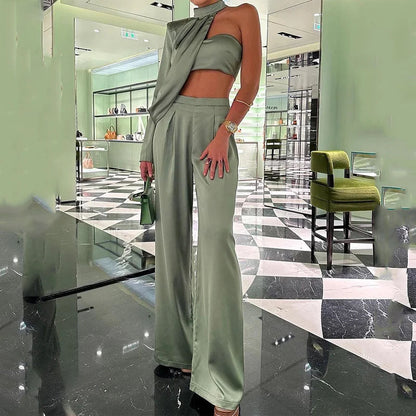 Summer New Halter Slant Shoulder Tube Top Sexy Wide Leg Pants Suit