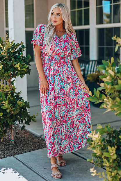 Green Wrap V Neck Floral Maxi Dress