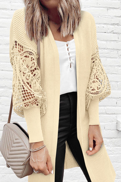 Black Crochet Lace Sleeve Ribbed Knit Cardigan