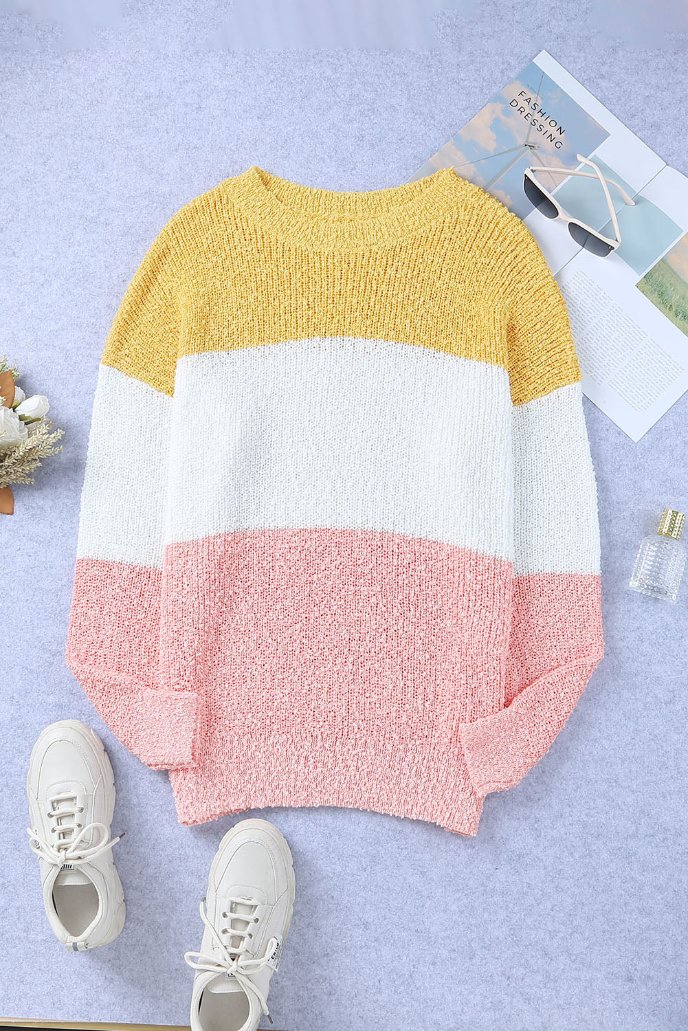 Gelber Colorblock-Pullover mit Blasenärmeln in Übergröße