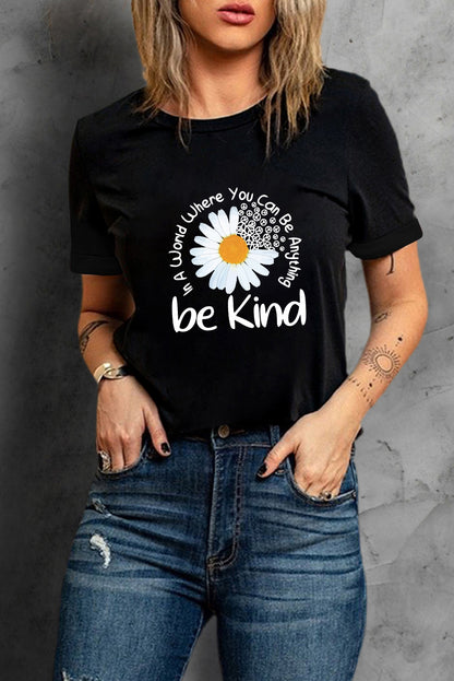 T-shirt à col rond noir décontracté avec slogan Daisy Be Kind