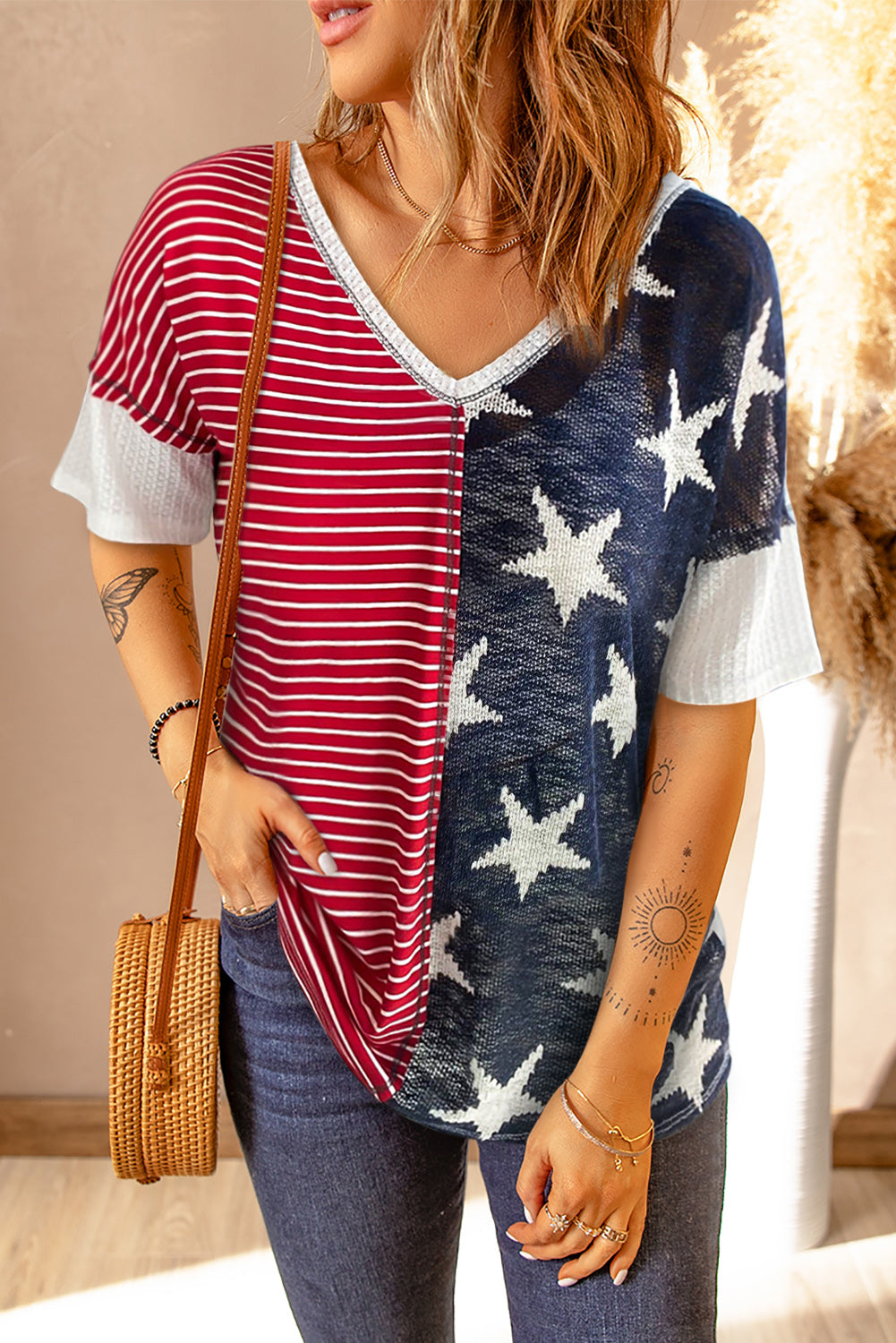 Dark Blue Stripes Stars Print Knit V Neck Short Sleeve Top