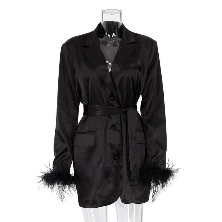 Women's Fashion Elegant Suit Collar Ostrich Feather Long Sleeve Dress