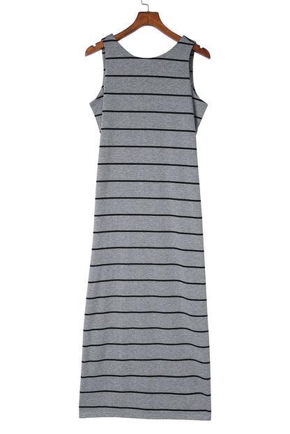 Black Stripe Print Open Back Sleeveless Maxi Dress With Slits