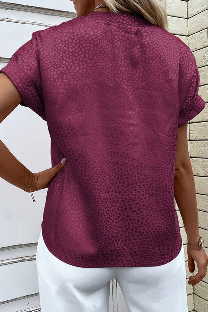 Rose Red Leopard Print Rolled Sleeve V Neck Blouse