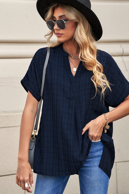 Navy Plaid Print Loose V Neck Short Sleeve Shirt with Slits