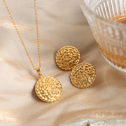 18K Gold Noble Fashion Round Card Texture Embossed Design Light Luxury Style Earrings Necklace Set