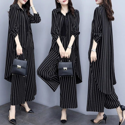 Plus Size Women's Loose Black Striped Cardigan Two-piece Set