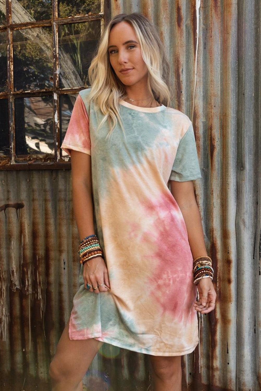 Wholesale Multicolor Tie Dye Short Sleeve T Shirt Dress