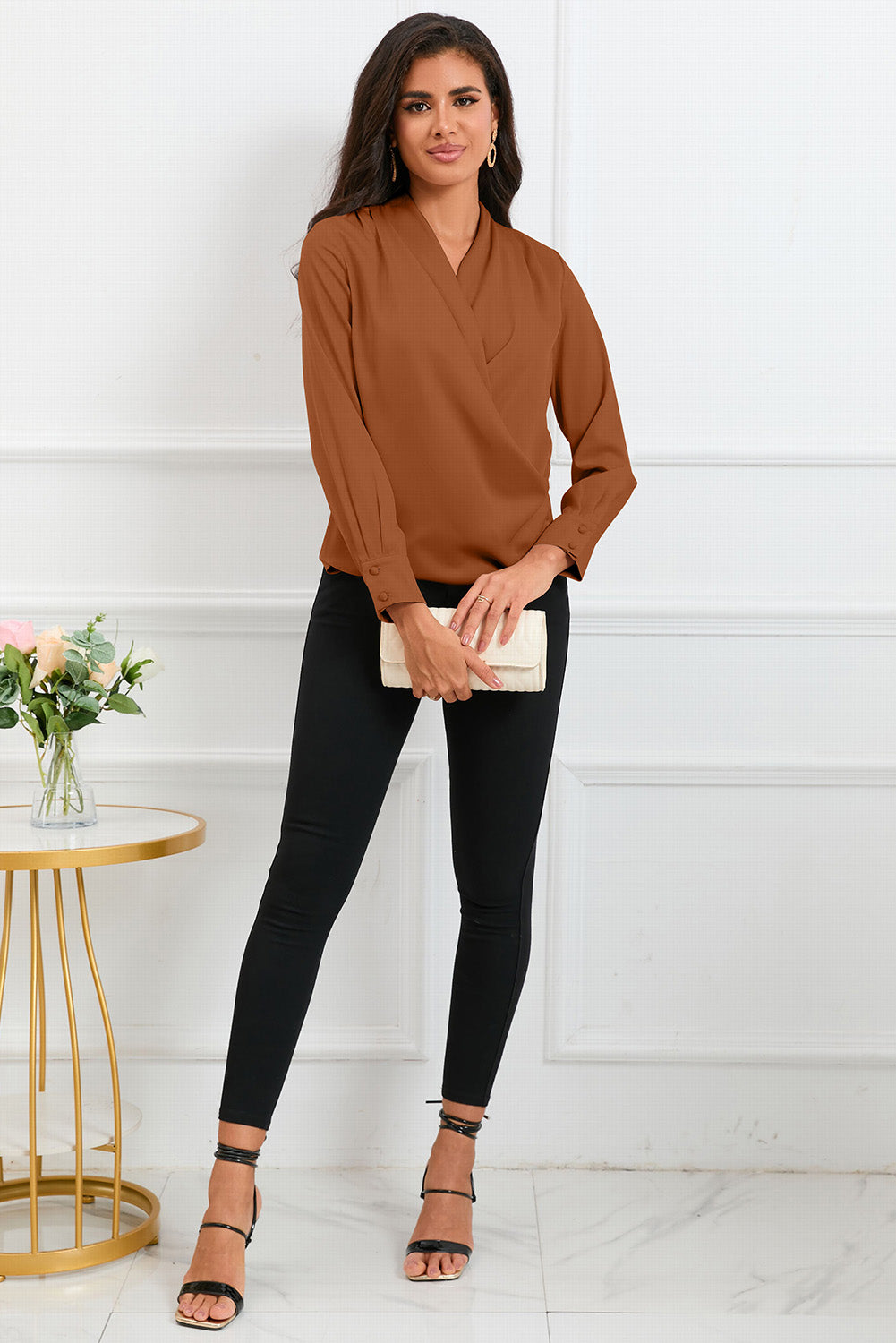 Green Solid Wrap V Neck Long Sleeve Top