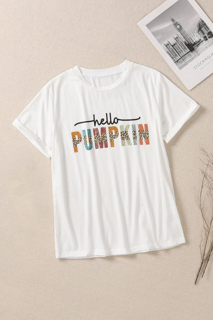 Weißes „Hello Pumpkin“-Halloween-T-Shirt mit Rundhalsausschnitt und Grafik