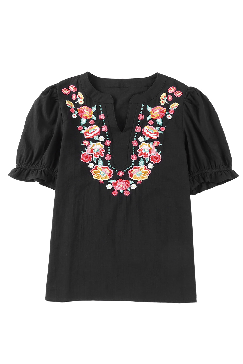 Blouse noire à manches bouffantes et à volants style Boho brodé de fleurs