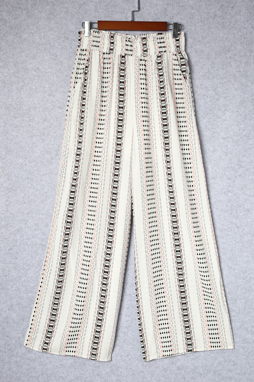 Pantalon large froncé décontracté à imprimé géométrique beige