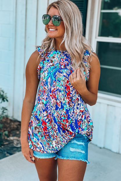 Light Blue Abstract Print Color Block Babydoll Boho Sleeveless Shirt with Ruffle