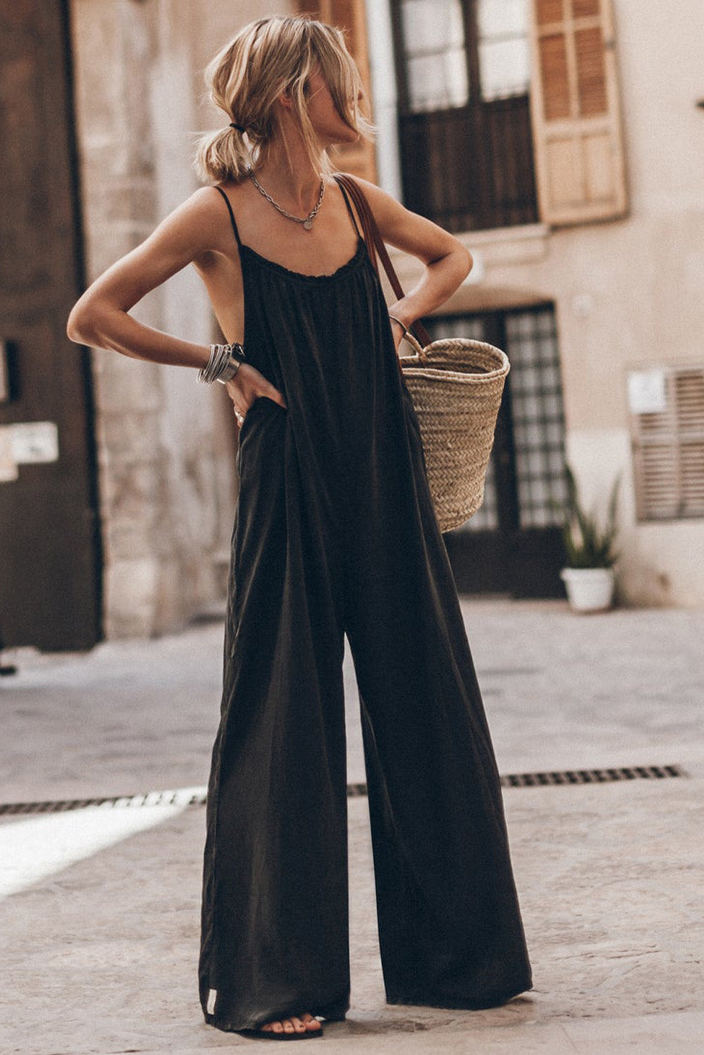 Black Frilled Neckline Spaghetti Strap Backless Wide Leg Jumpsuit