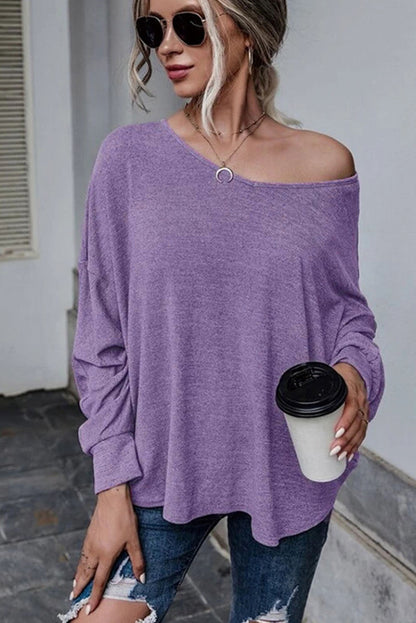 Purple Plain Tie Back Drop Shoulder Long Sleeve Top