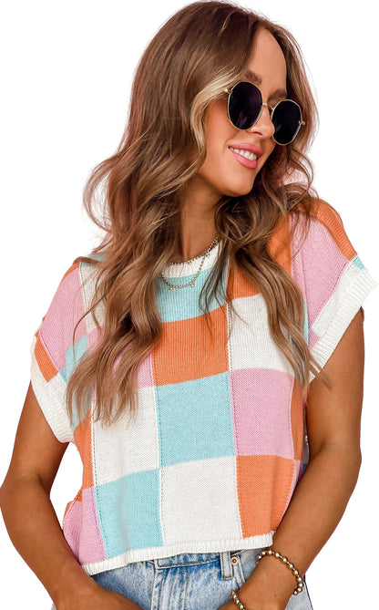 Grapefruit Orange Checkered Color Block Cap Sleeve Knitted Top