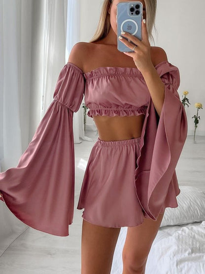 Damenmode Casual Tube Top Langarm Shorts mit hoher Taille Zweiteiliges Set