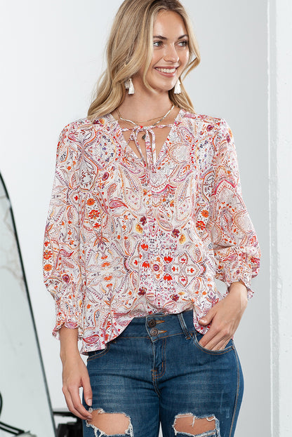 Rote Bluse mit gerafften Bündchen im Boho-Paisley-Print