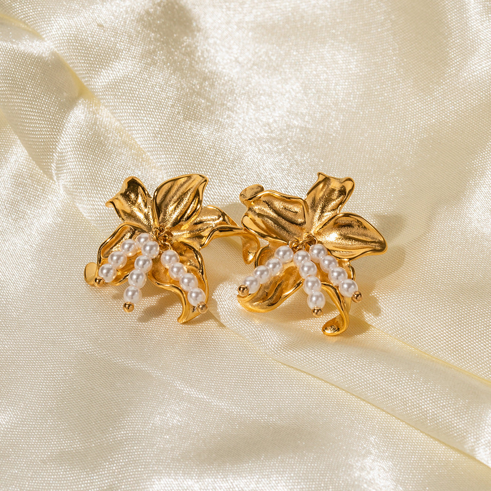 18k Gold Noble Atmosphere Starfish-Inlaid Pearl Earrings