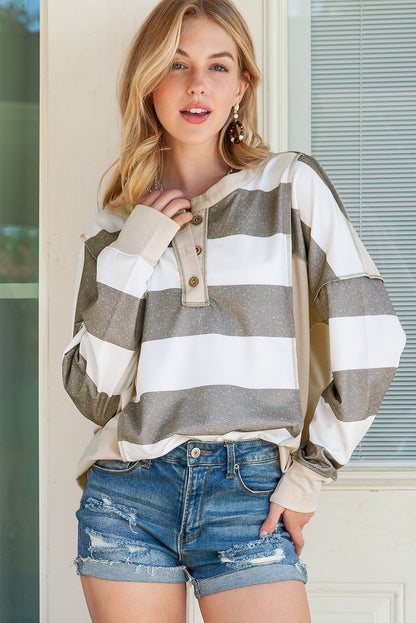 Multicolor Stripes Print Exposed Seam Long Sleeve Henley Shirt