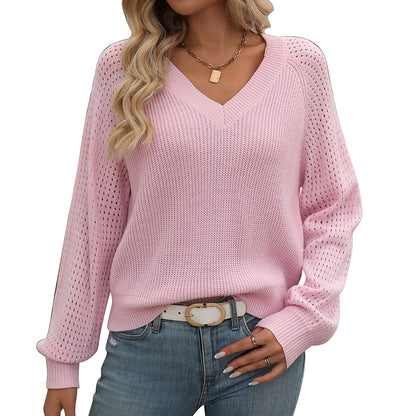 Pull tendance à manches longues et col en V pour femme