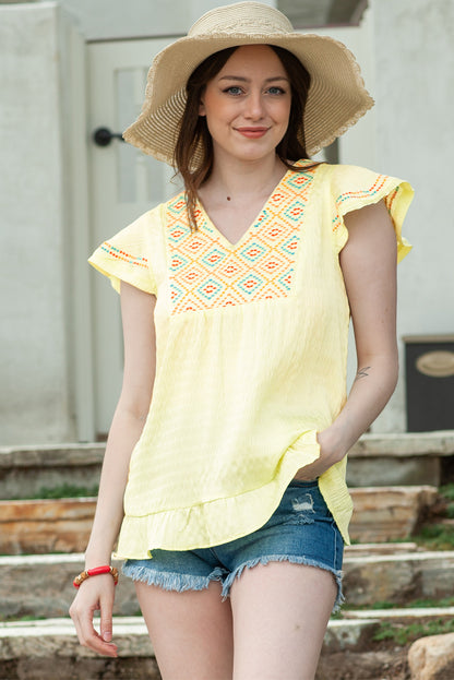 Yellow Geometric Embroidery Ruffles V Neck Textured Top