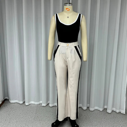 Autumn New Contrast Color Suspenders Slim High Waist Trousers Two-piece Set For Women