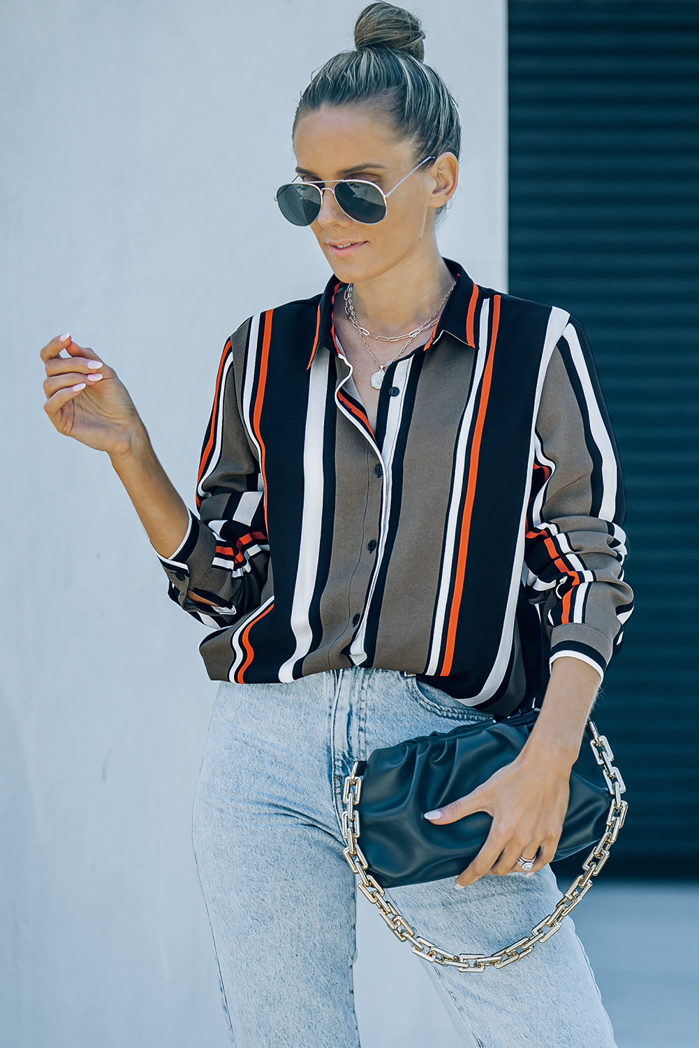 Black Brown Striped Modern Women Shirt