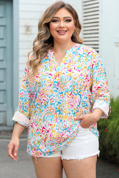 Multicolor Plus Size Geometric Print Notched V-Neck Blouse