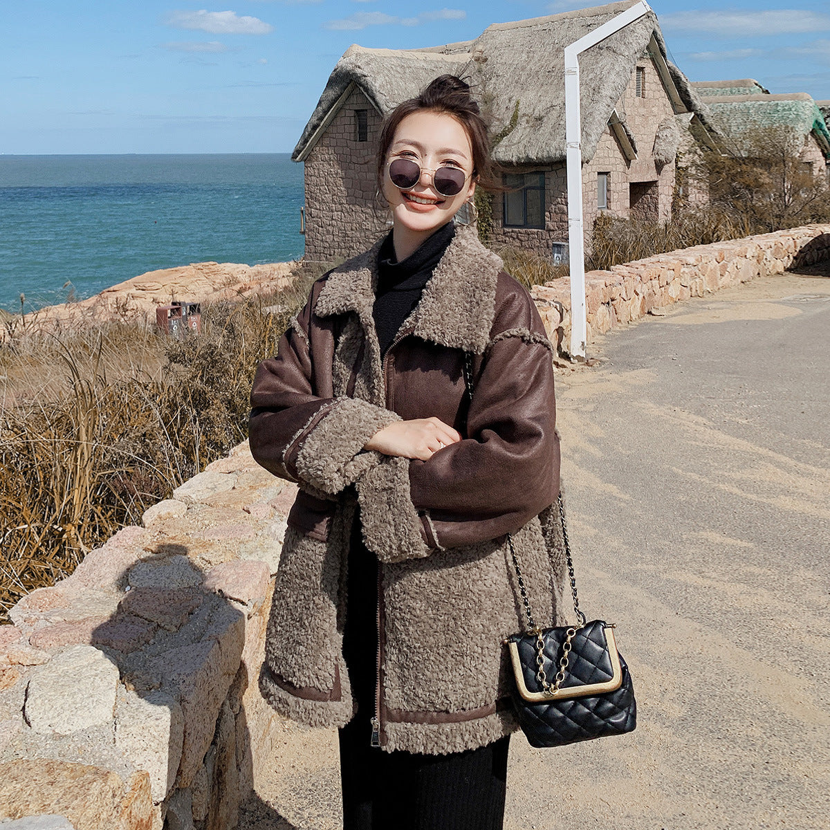 Veste matelassée en coton et velours d'agneau pour femme