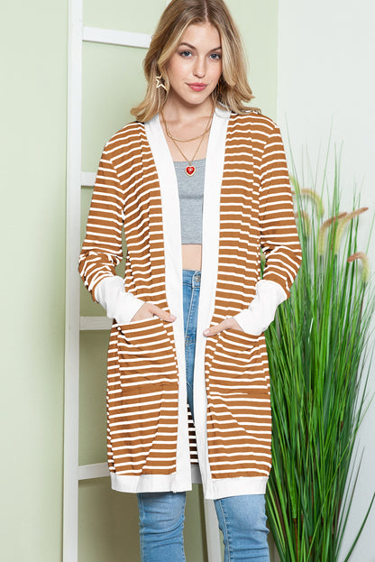 Cardigan long rayé blanc avec poches latérales et devant ouvert