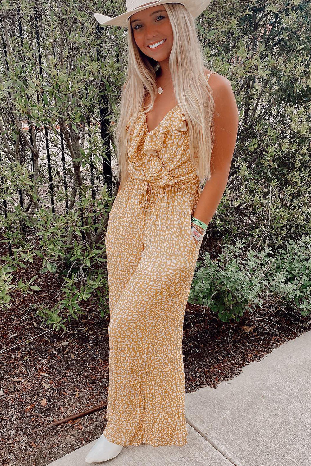 Yellow Leopard Print Drawstring Ruffled Wrap V Neck Jumpsuit