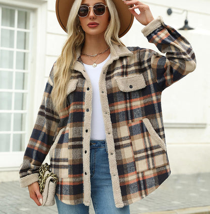 Women's Contrast Color Plaid Jacket Casual Polo Collar Velvet Jacket