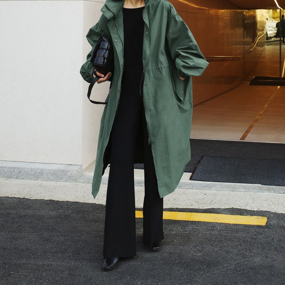 Autumn New Long Windbreaker Korean Style Stand Collar Drawstring Waist-controlled Long Sleeves Loose Trench Coat