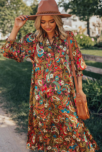 Yellow Paisley Abstract Print Collared 3/4 Sleeve Midi Dress