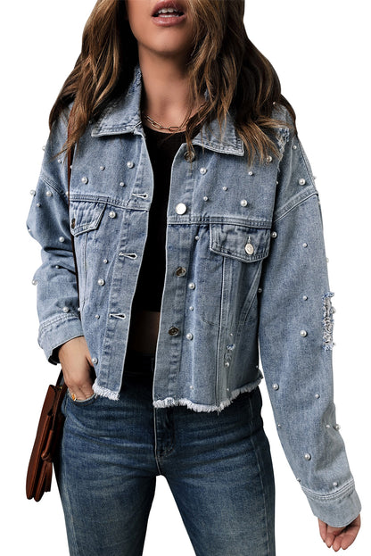 Sky Blue Pearls Beading Cropped Denim Jacket