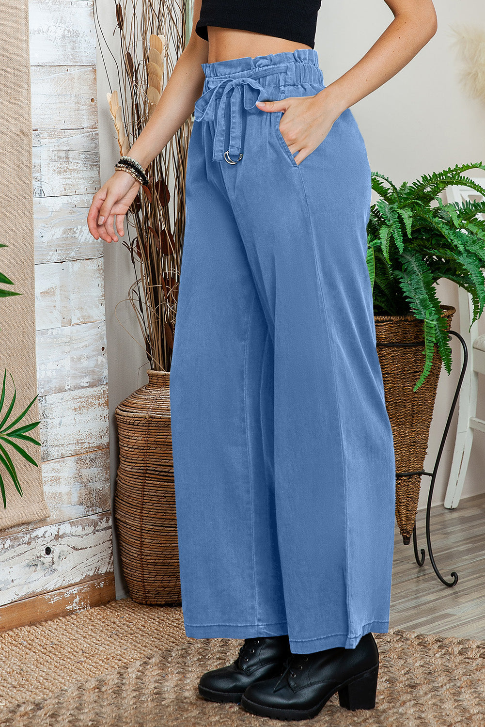 Sky Blue High Waist Pocketed Wide Leg Tencel Jeans