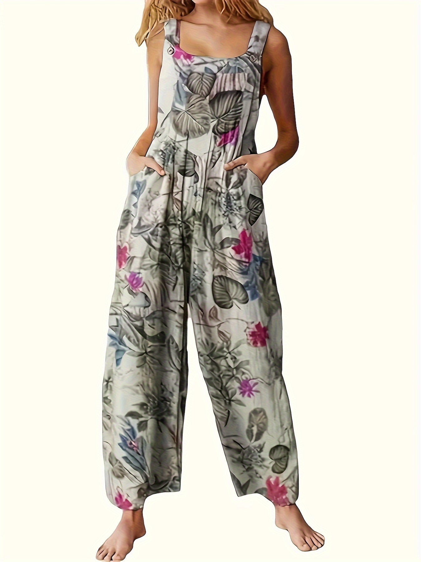 Women's Ethnic Style Suspender Button Printing Jumpsuit